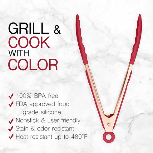 COOK WITH COLOR Stainless Steel Silicone Tipped Kitchen & BBQ Tongs Set, 2 Pc Tongs in Red