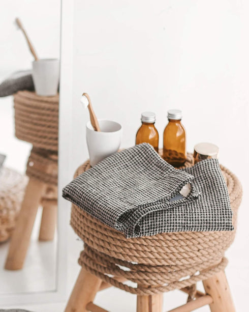 Pure 100% Linen Hand Towels - Set of 2 Waffle Weave Kitchen Towels, Black-Natural, 13 x 29-inch Quick-Dry Dish Towels