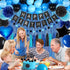 Blue and Black Happy Birthday Party Decorations Kit, Banner, Fringe Curtain, Foil Balloons, Cake Topper for Birthday