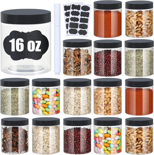 Plastic Jars with Lids, 16 oz Clear Airtight Storage Containers, Pack of 16 with Black Lids for Dry Food