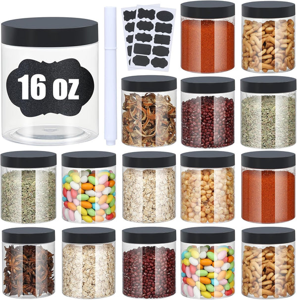 Plastic Jars with Lids, 16 oz Clear Airtight Storage Containers, Pack of 16 with Black Lids for Dry Food