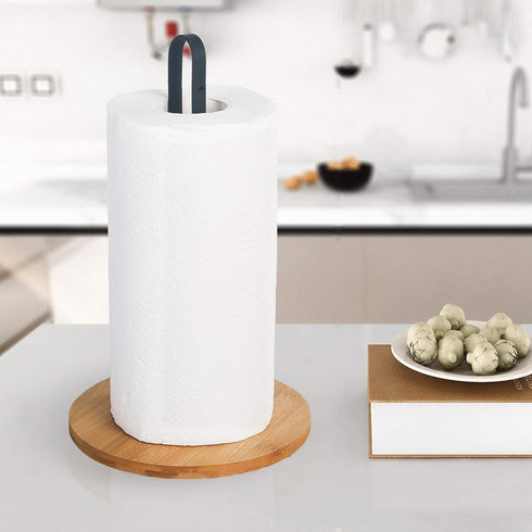 TIEYIPIN Paper Towel Holder, Countertop Roll Stand with Anti-Skid Bamboo Base for Kitchen and Table