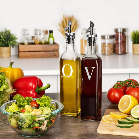 GREENOLIVE Olive Oil and Vinegar Dispenser Set - 17 oz. Glass Bottles with No-Drip Spouts - Set of 2