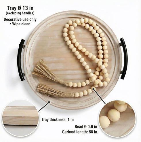 13" Round Decorative Wood Tray with Handles, Whitewashed Farmhouse Coffee Table Decor for Living Room, Entryway