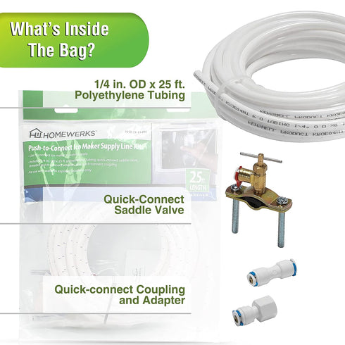 Homewerks 7252-25-14-PTC Ice Maker Supply Line and Humidifier Installation Kit 1/4-Inch x 25ft Push to Connect Poly Tube Universal Compatibility, Brass