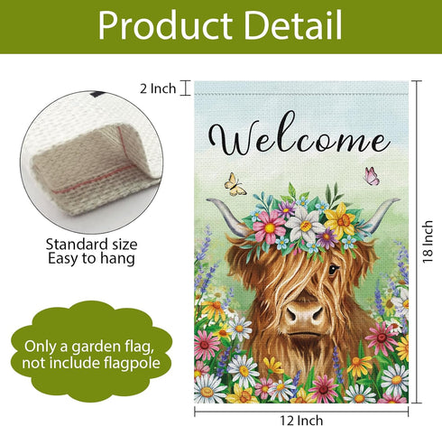 Welcome Spring Garden Flag 12x18 Inch Burlap Double Sided Vertical Highland Cow Farmhouse Outdoor Decor
