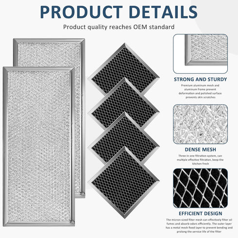 Fits Whirlpool W10208631A Microwave Grease Filter - Approx 13" x 6" (2-Pack) & 8206230A Charcoal Filter (4-Pack)