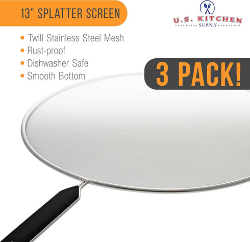 Set of 3 Classic 13" Splatter Screens, Stainless Steel Fine Mesh with Comfort Grip Handles for Safe Cooking Splash