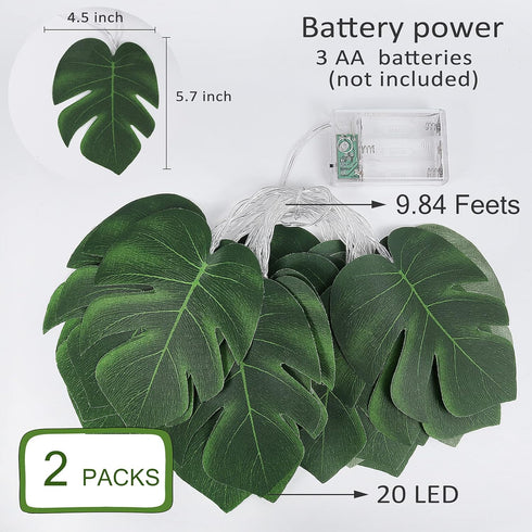 2 Pack, 20LED Summer RECUTMS Monstera Leaf String Lights Tropical Artificial Rattan Palm Green Leaves Wall Hanging Vine