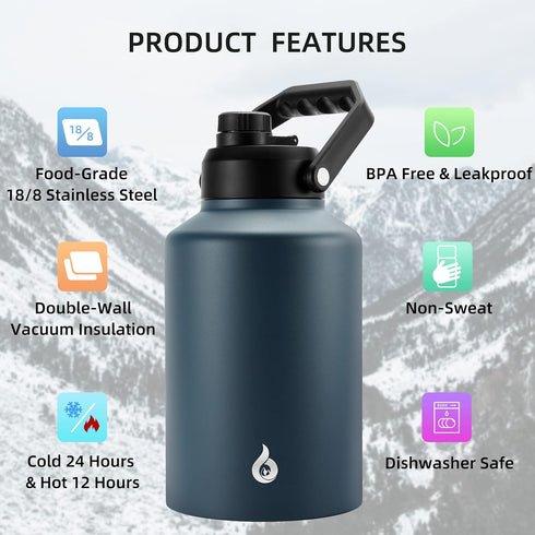 BJPKPK One Gallon Insulated Water Bottle, 128 oz, Dishwasher Safe Stainless Steel Thermos, BPA Free Jug, Navy Blue