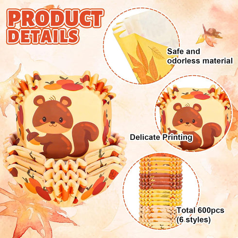 Whaline 600Pcs Fall Thanksgiving Mini Square Cupcake Liners, Pumpkin Leaf Acorn Cupcake Wrappers