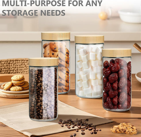 4 Pack 24oz TBWIND Glass Jars with Bamboo Lids, Spoons, Airtight Overnight Oats Containers, Wide Mouth Mason Jars, Food