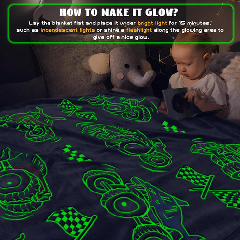50"60" Glow in The Dark Blanket for Boys Truck Car Toys Unique Gifts for Kids Glowing Cartoon Tractor Throw Blanket
