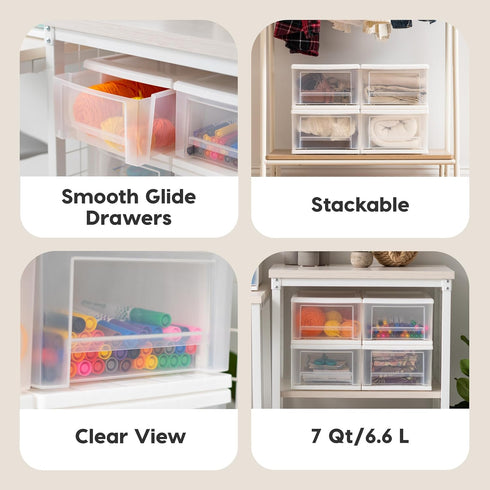 IRIS USA 7 Qt. Plastic Drawer Storage Organizer, 4-Pack Stackable Unit with Sliding Drawer for Bedroom, Kitchen, White
