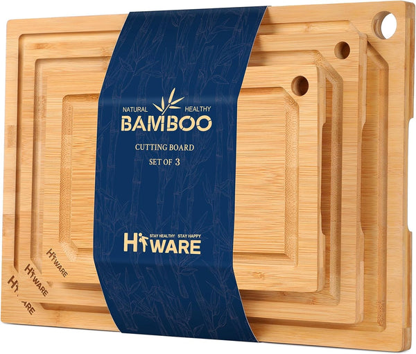 Hiware Wood Cutting Boards for Kitchen - Heavy Duty Bamboo Cutting Board Set for Meat, Vegetables, Set of 3