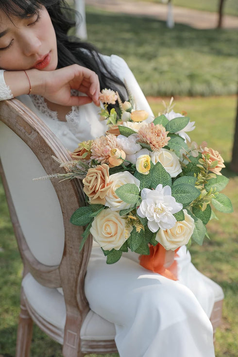 YYHUAWU White Artificial Flowers Combo Box Set, 25pcs Fake Flowers for DIY Wedding Bouquets (Champagne & White)
