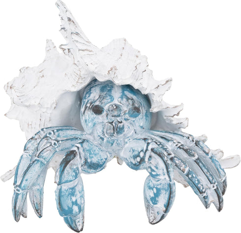 Coastal Hermit Crab Decor Blue Nautical Beach Figurine with Shell for Shelf, Bathroom, Living Room, or Beach House