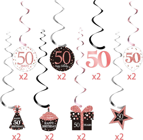 Blulu 50th Birthday Decorations for Women, 30 Count Rose Gold Happy 50th Birthday Hanging Swirls Party Supplies