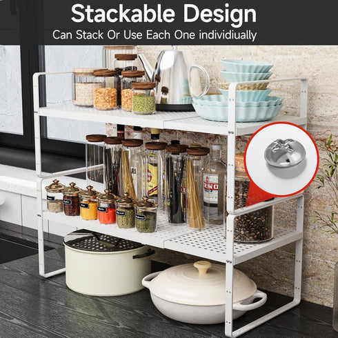 2Pack Countertop Expandable Cabinet Shelf Organizers, Stackable Metal Shelves Extender for Kitchen Storage, Adjustable