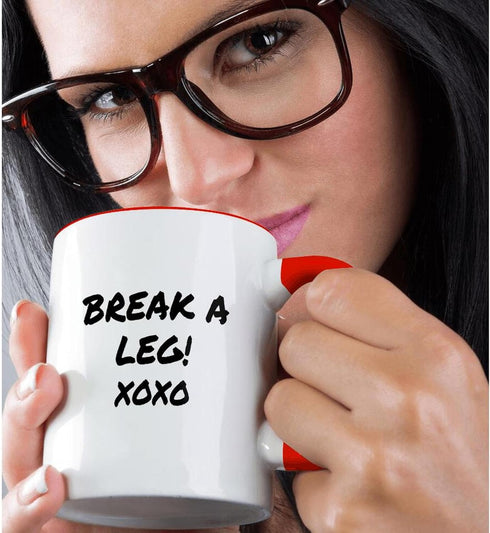 3dRose Two Tone Red Mug, "Break A Leg Xoxo Theater, Actor, Show Business Good Luck Message Note", 11 oz