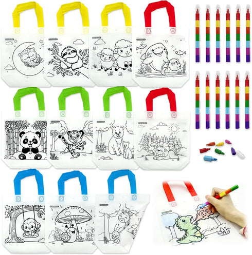 HahaMagic 12 Coloring Goodie Bags with 12 Crayons(7-in-1), Reusable Art Party Favors for