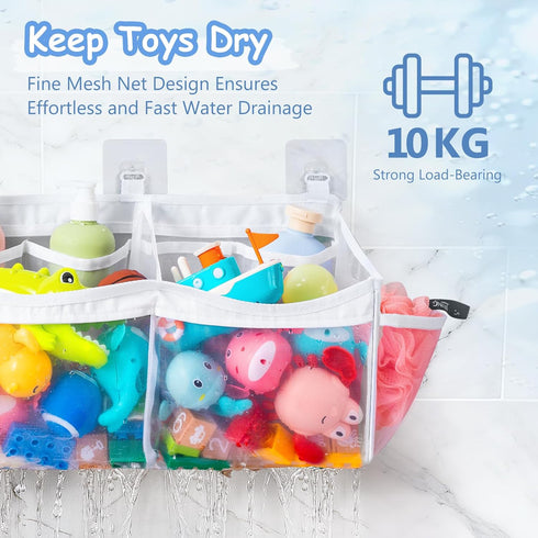 3 Criusia Extra Large Bath Toy Organizer with Compartments and Multiple Pockets, Quick-Dry Mesh Bathtub Storage