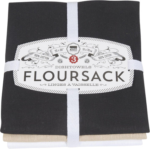 Now Designs Floursack Kitchen Towels, Set of Three, Black/Oyster/White