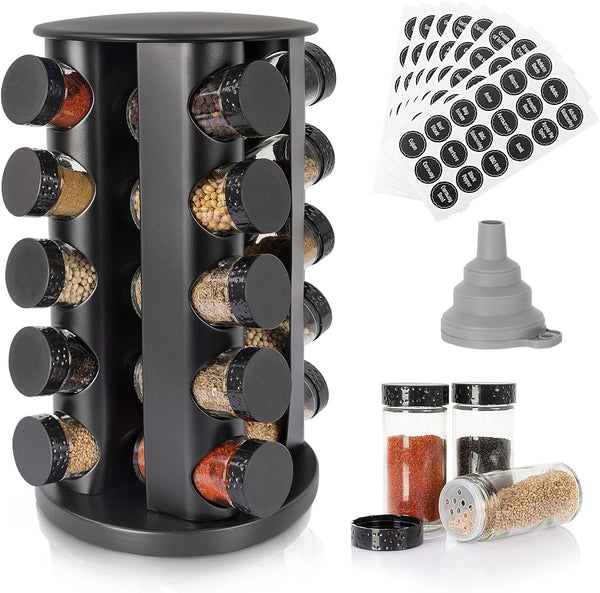 Black Countertop Rotating Spice Rack, Empty 20-Jars Revolving Organizer, 135 Spice Labels with Funnel Complete Set