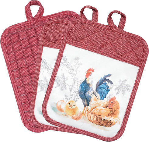 Pot Holders Set of 3 - Silicone Non Slip Heat Resistant Hot Pads, Cotton BBQ Grilling, Red Potholders