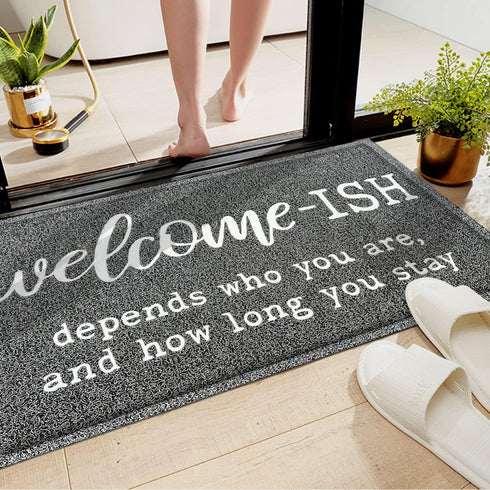 Welcome Mats for Front Door, "Ish Depends Who You Are" Doormat, Anti-Slip Rubber Mat for Indoor & Outdoor
