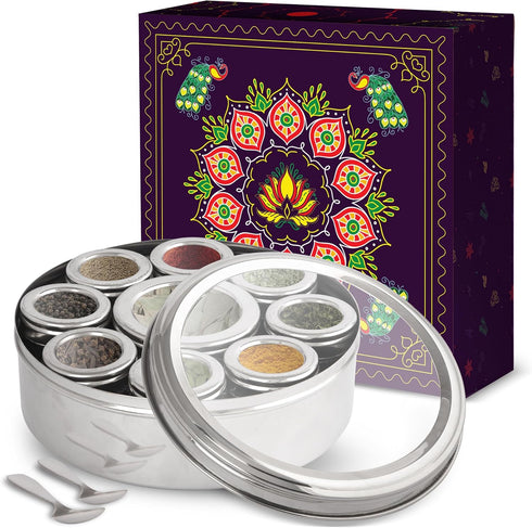 KSJONE Large Spice Container Masala Dabba With 9 Compartments, Masala Box, Spice
