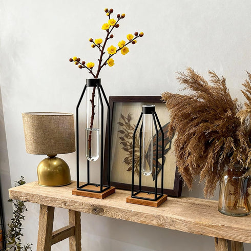 Set 2, 11&12.5 Inch Houmury Test Tube Vase of Flower Vases with Iron Stand & Wood Base, for Home Dcor, Table Decor