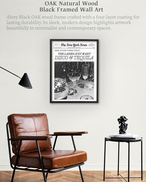 12x16in Set 1 iHery Natural Black OAK Wood Disco Tequila Newspaper Framed Wall Art, Trendy Modern Cocktail Bar Cart