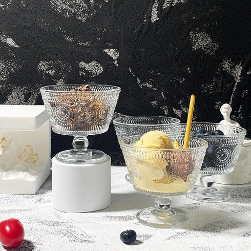 Set 8, 9oz (8) Vintage Glass Dessert Bowls, of Glass Ice Cream Sundae Cups with Sunflower Pattern Glass Dessert Cups