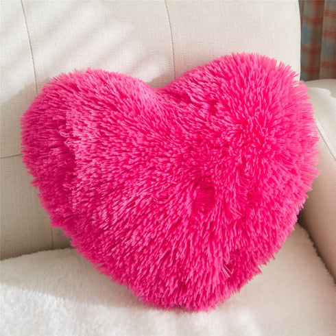 MOOWOO Fluffy Faux Fur Heart Throw Pillow, Solid Color, Sherpa Plush, Hot Pink Love Pillow for Valentine's & Mother's