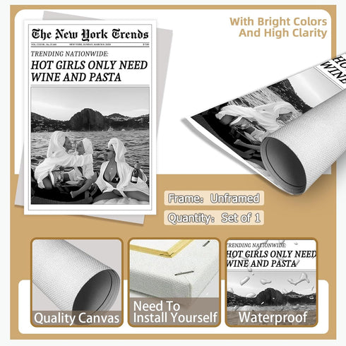FBKDVC 16x24in Vintage Trendy Black And White Newspaper Print Poster Retro Times Canvas Wall Art Funky Hot Girls Eating