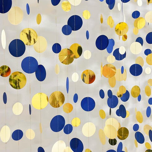 46 Ft Navy Blue and Gold Circle Dots Garland, Royal Blue Hanging Paper Polka Dot Streamer for Party Decorations