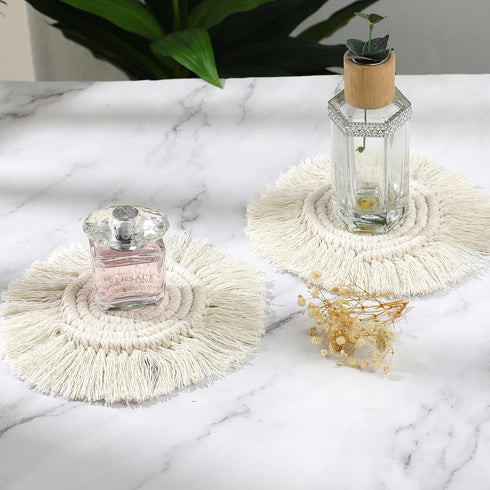 Mozeat Lens Set 2 Boho Coasters for Drinks Absorbent Crochet Coasters Round Boho Coaster of Housewarming Gift Bar