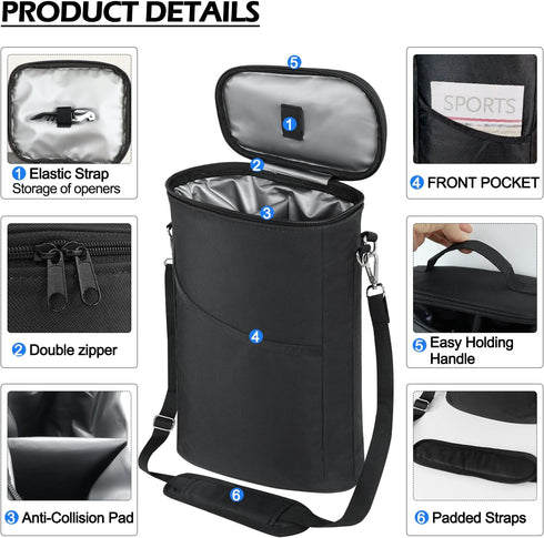 2 Bottle Leakproof Wine Cooler Bag, Insulated Padded Tote Carrier with Handle and Adjustable Strap, Black