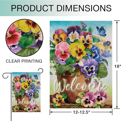 Welcome Spring Pansy Floral Garden Flag, 12 x 18 Inch Double Sided Small Decor for Outdoor Summer Holiday