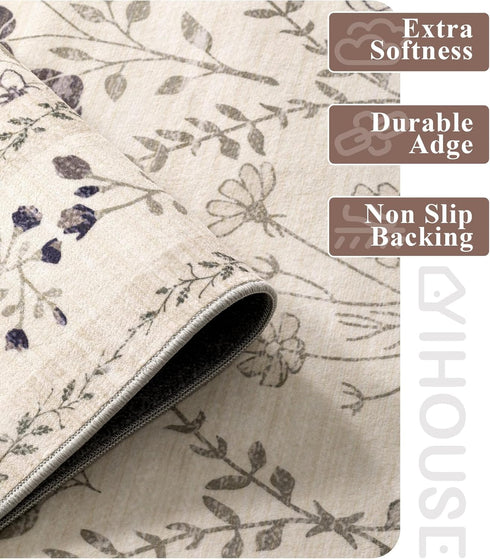 5x7 YIHOUSE Washable Area Rugs for Bedroom Girls, Beige Floral Rug for Living Room Non Slip Ultra-Thin, Large Boho