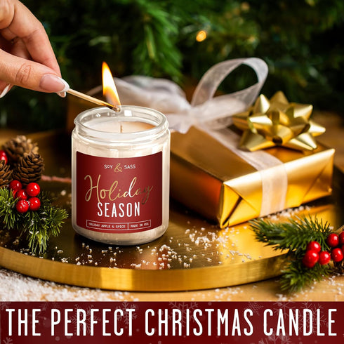 Holiday Candles - Christmas Scented Soy Candle ‘Holiday Season’ with Apple, Cinnamon & Clove - 9oz, 50Hr, Made in USA