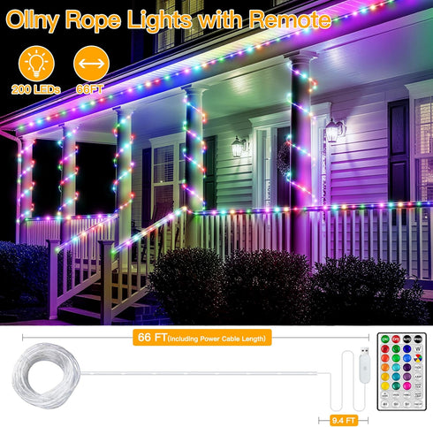 66FT 200 16 Ollny Rope Lights Outdoor Color Changing, LED Waterproof Plug in Christmas Lights with Remote, Colors