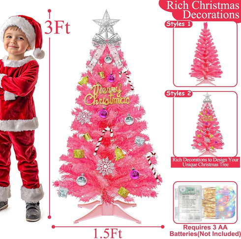 3 3D Star&44Ornaments, 8 50 Ft Pink Christmas Tree with Dual Color Change Lights Timer Remote, Modes Warm&Colorful