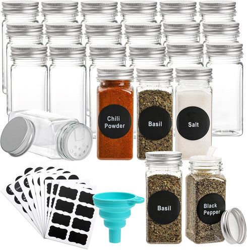 WUWEOT 24 Pack Plastic Spice Jars, 4 oz Square Seasoning Containers with Airtight Lid, Labels, and Funnel