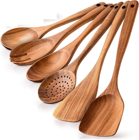 Wooden Spoon Sets - 6-Pcs Cooking Utensils - Smooth Finish Teak Wooden Spoons for Cooking - Non-Stick Wooden Utensils