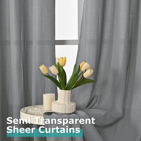 BGment Grey Linen Sheer Curtains, 54 Inch Length, 2 Panels, Grommet Light Filtering Casual Textured Privacy for Living