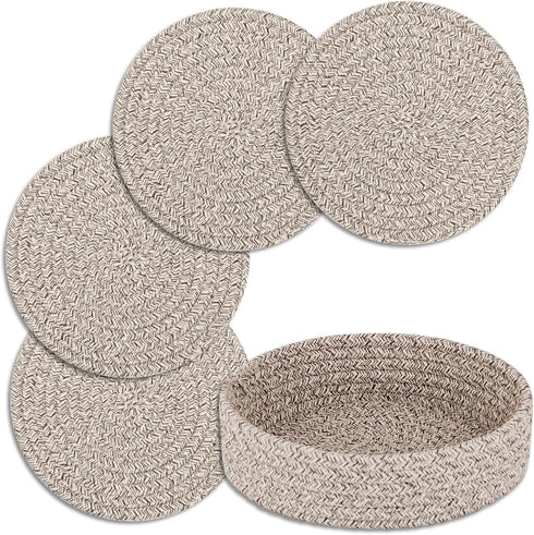 Brown Trivets for Hot Dishes, 4 Pcs Cotton Coasters with Storage Basket, Pot Holders for Kitchen and Hot Pads for Table