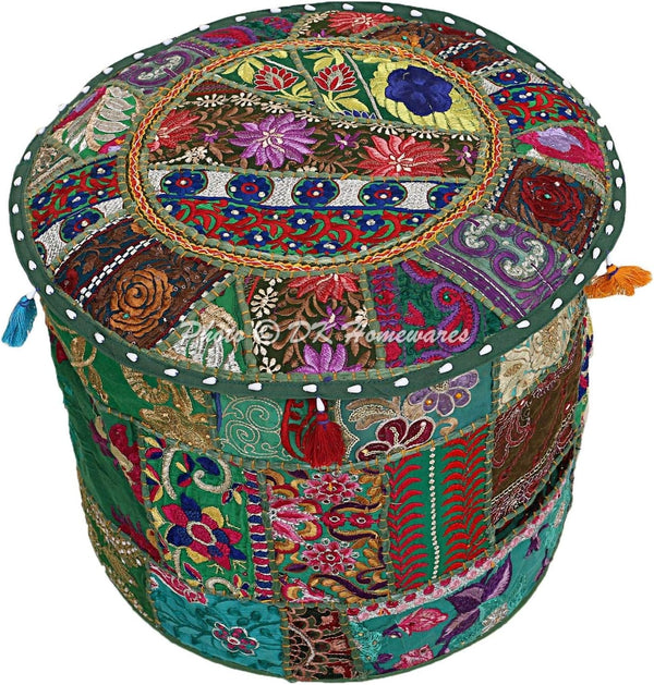 DK Homewares Indian Vintage Patchwork Pouf Ottoman Cover Dark Green Round Footstool Home Decor