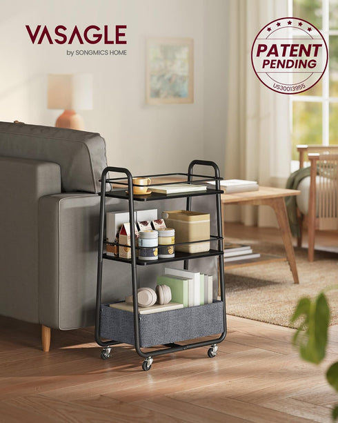 3-Tier ULRC001BE02 VASAGLE LILEA Collection - Storage Cart with Fabric Basket, Rolling Utility Cart with Wheels